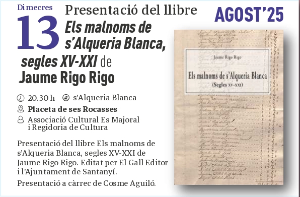 Presentació del llibre “Els malnoms de s’Alqueria Blanca, segle XV-XXI” de Jaume Rigo