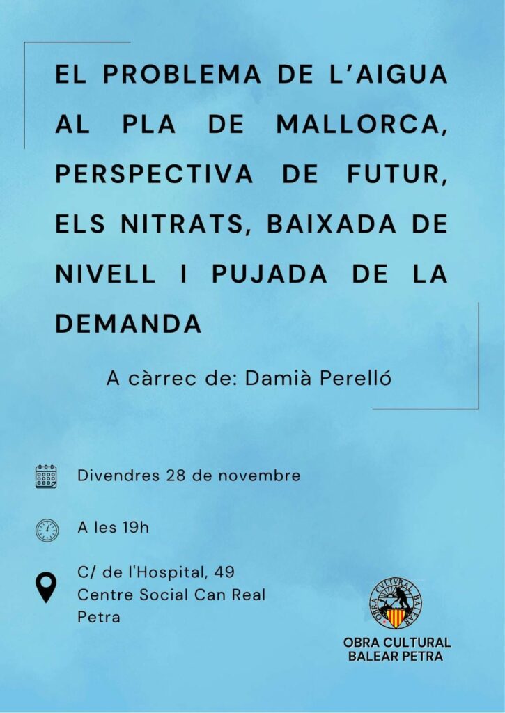 Conferència “El problema de l’aigua al Pla de Mallorca, perspectiva de futur, els nitrats, baixada de nivell i pujada de la demanda”