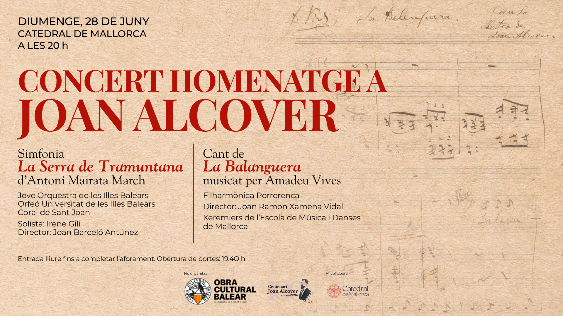 L’OCB organitza un concert homenatge a Joan Alcover a la Seu coincidint amb el centenari de l’estrena de La Balanguera a Mallorca