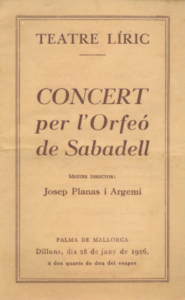 Programa del concert per l'Orfeó de Sabadell al Teatre Líric de l 28 de juny de 1926